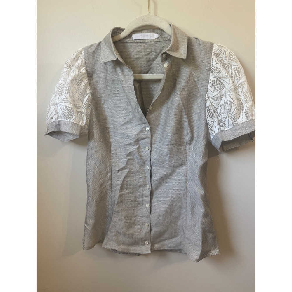 Anne Fontaine Irina Grey Linen Blend Lace Puff Sleeve Button Down Shirt Size 38